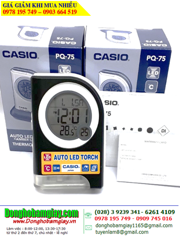 Casio PQ-75-1DF; Đồng hồ Xem giờ và báo thức Casio PQ-75-1DF hiển thị Giờ, Phút, Nhiệt độ /B.hành 01 năm